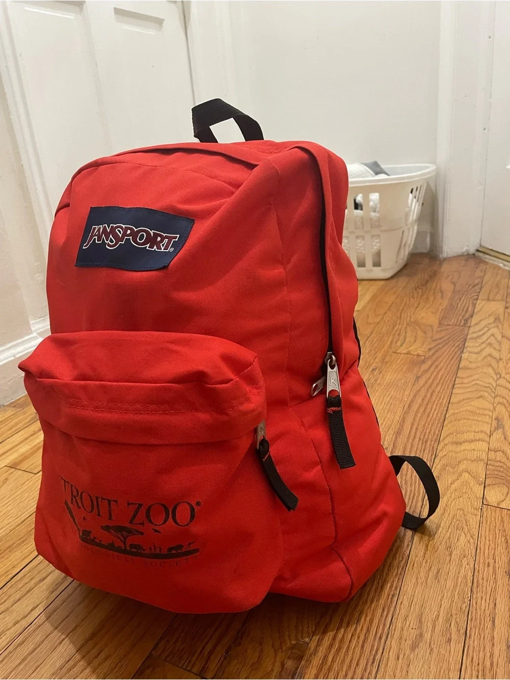 Jansport Red Backpack with Front Pocket and Detroit Zoo Print